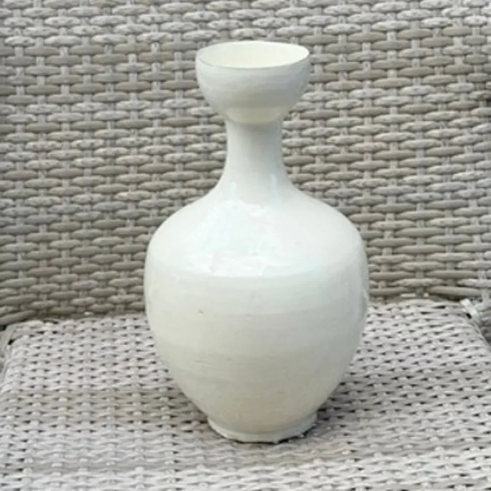 Vintage White Glazed Stoneware Bottle Vase Handmade Asian Style 12